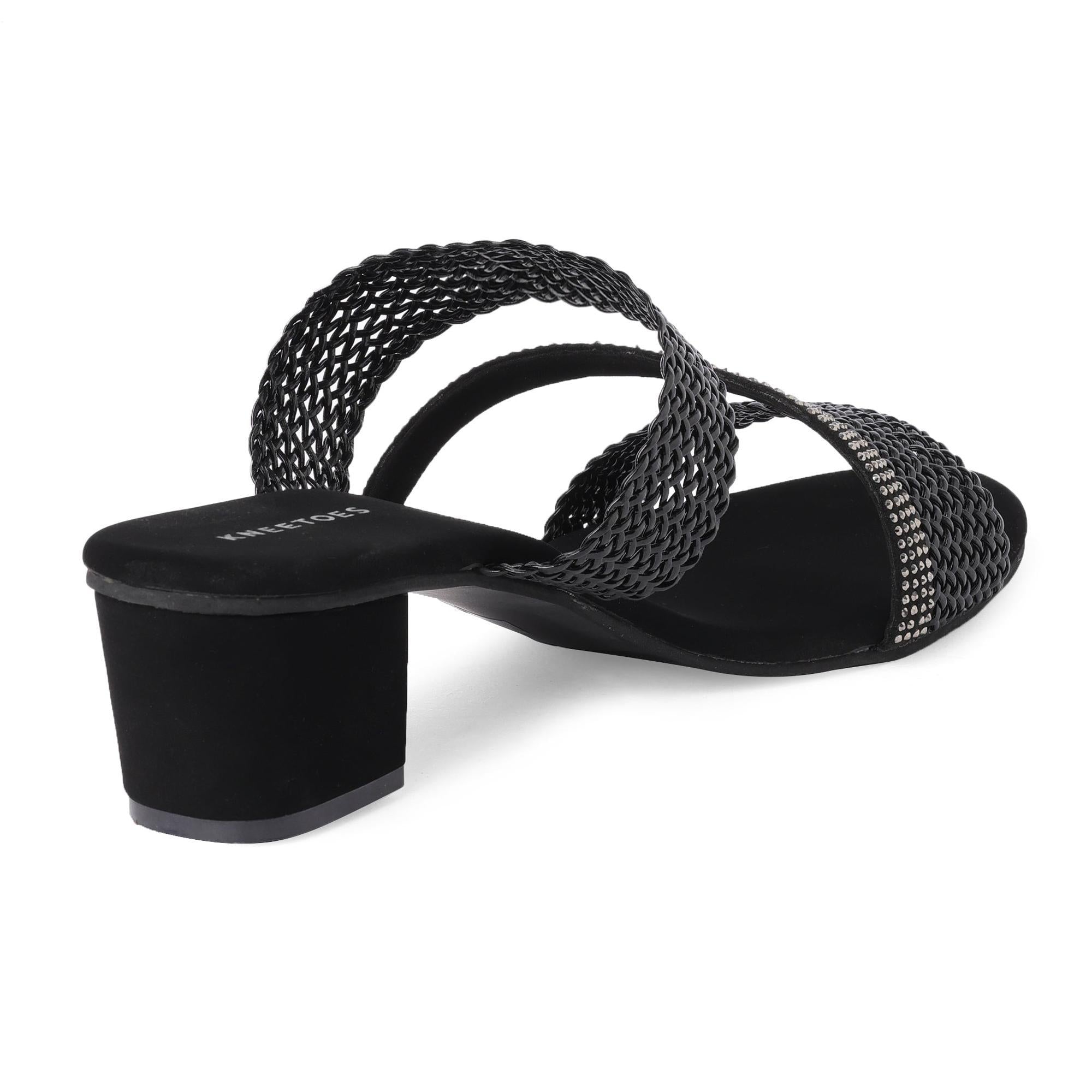 Black Stone-Work Braided Block Heels