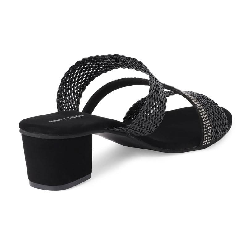 Black Stone-Work Braided Block Heels