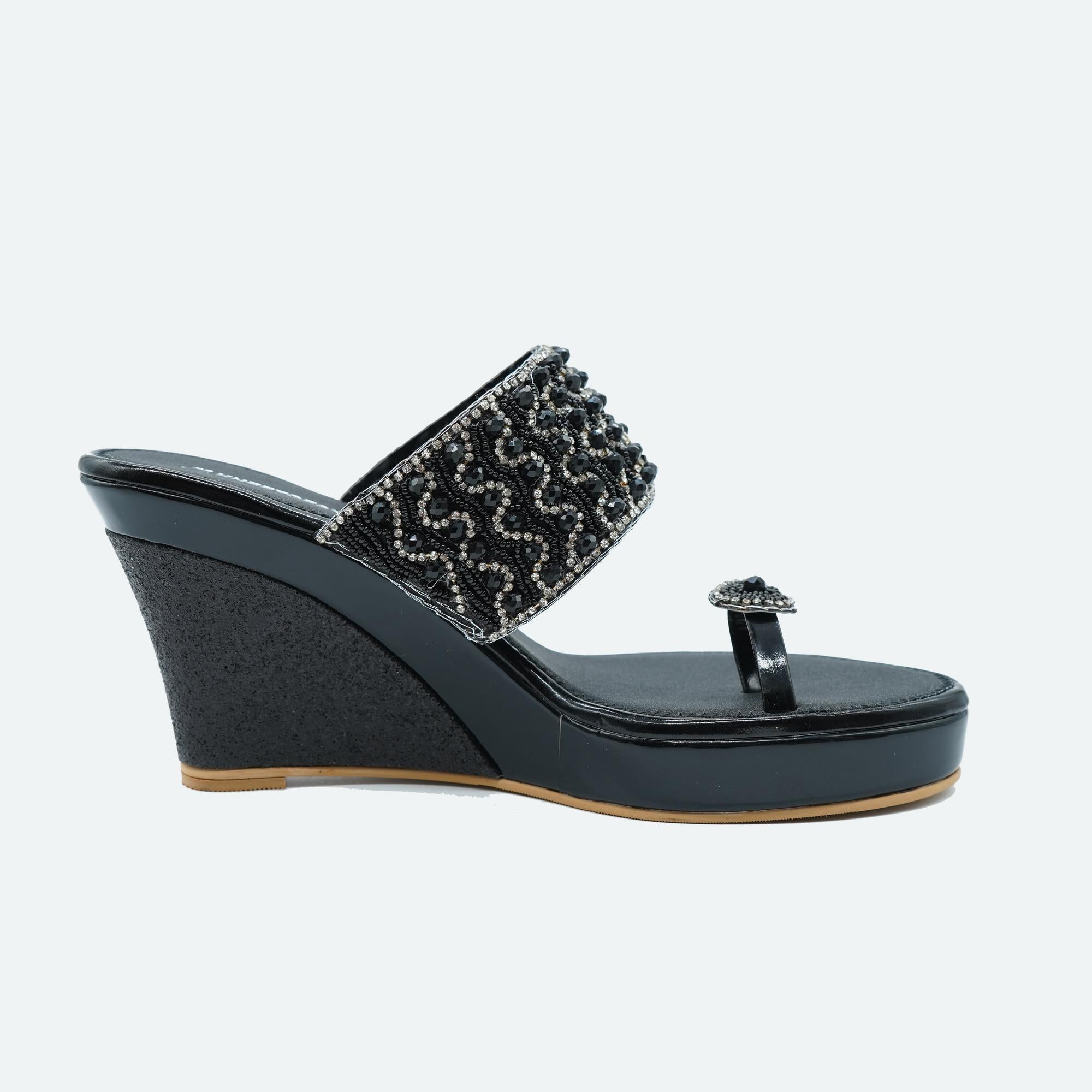 Gemglow Black Wedge Heel Sandals