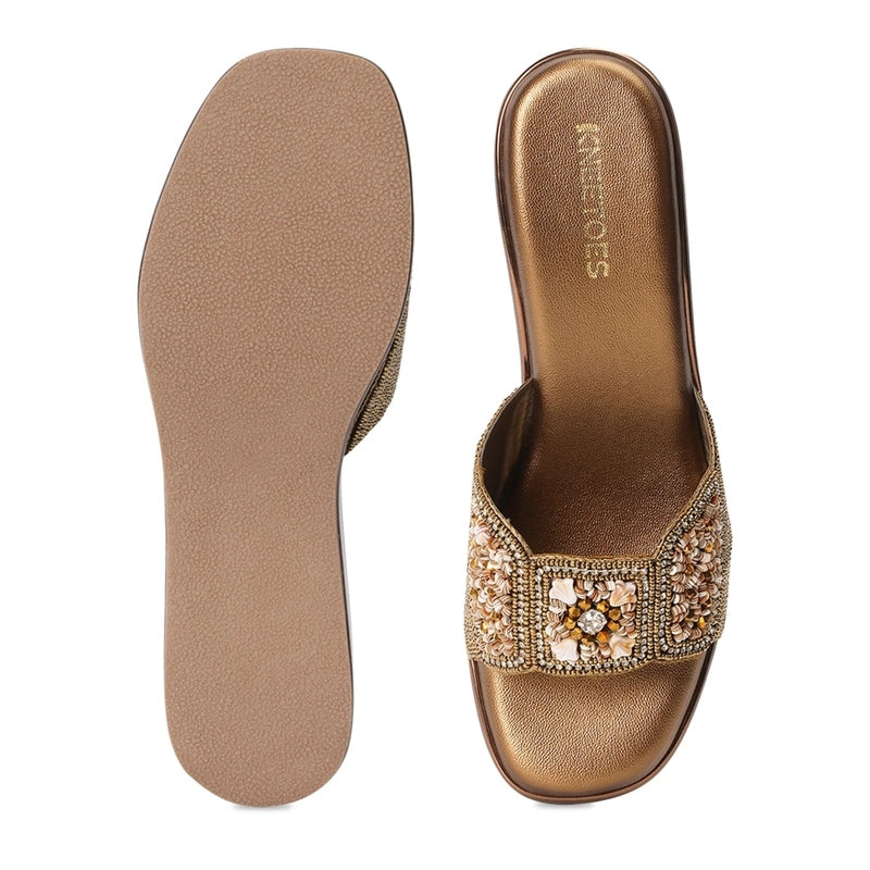 Bronze Zari Wedge Heel Sandals