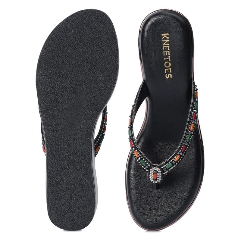 Embellished Premium Black Wedge Thong Sandals