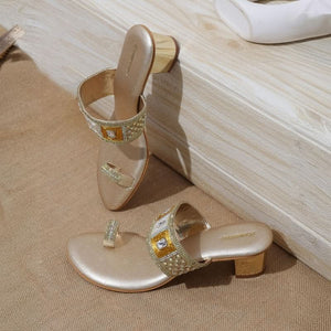 Glam Studded Champagne Block Heel Sandals