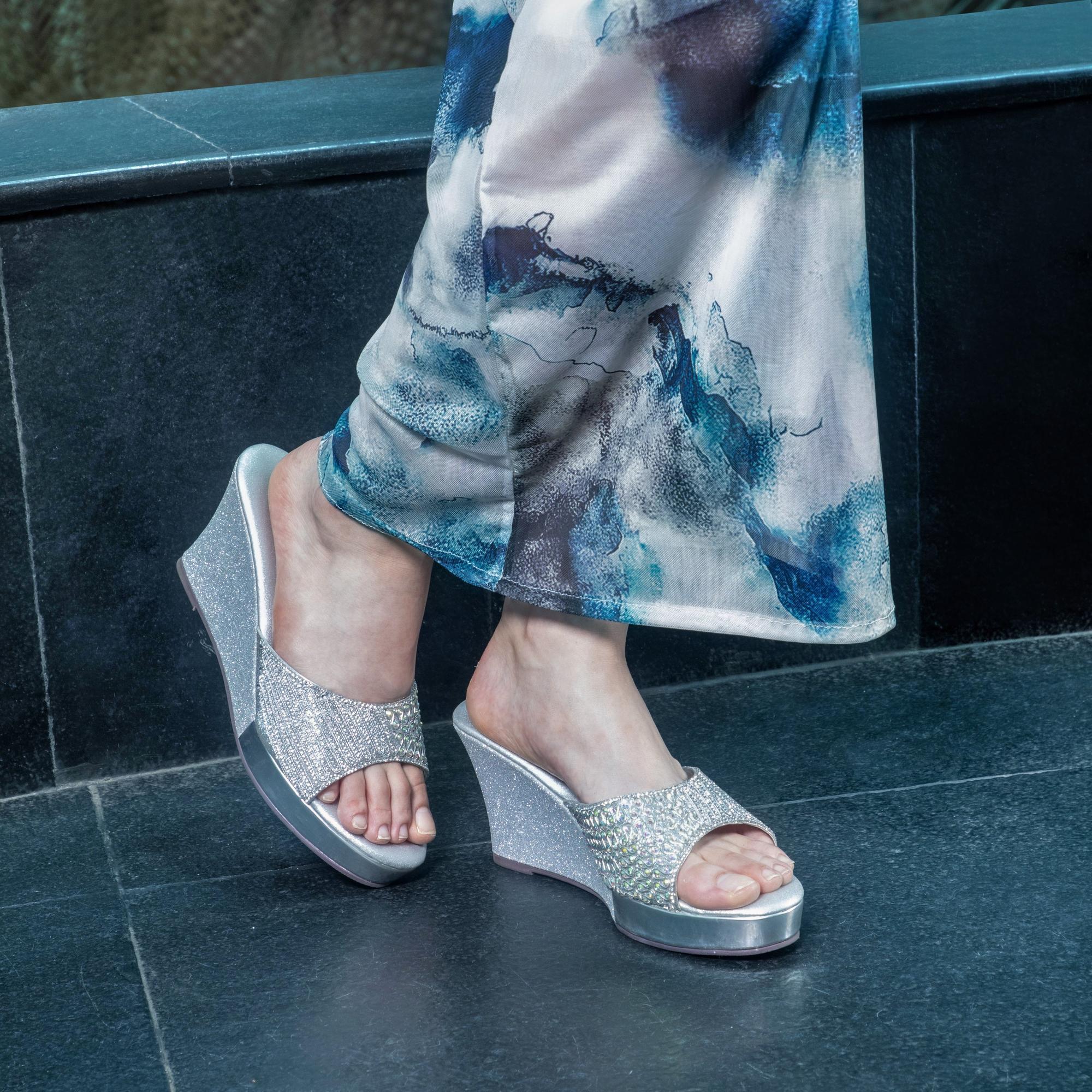 Gleamglow Silver Wedge Heel Sandals