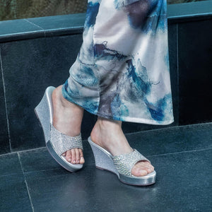 Gleamglow Silver Wedge Heel Sandals