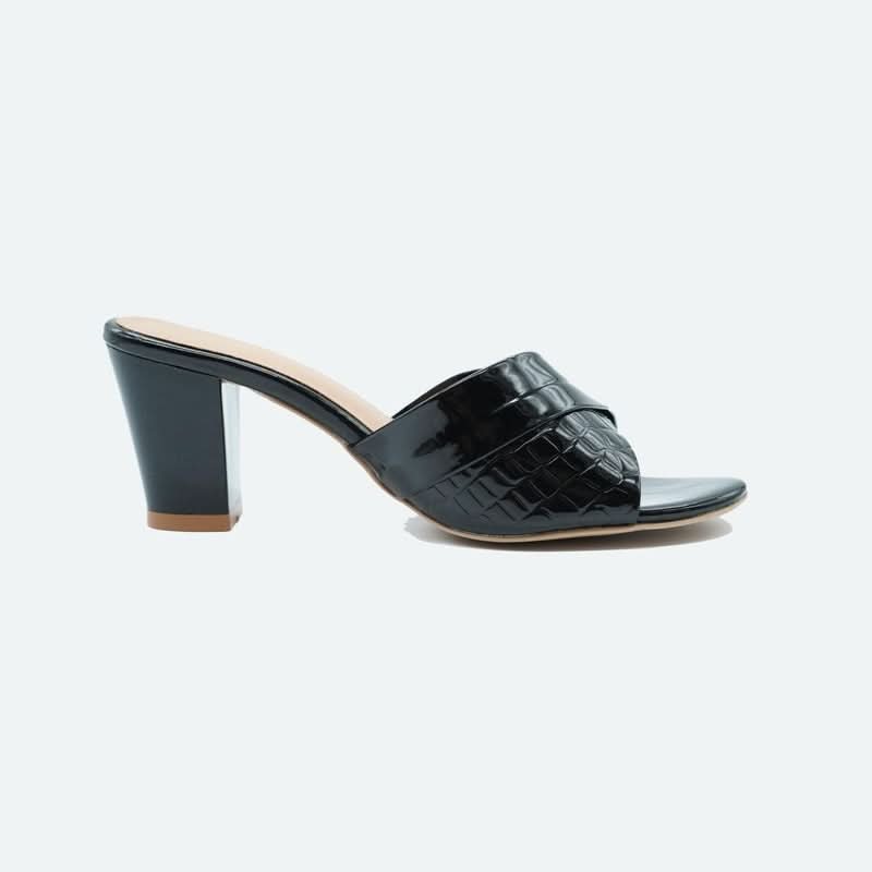 Black Textured Block Heel Sandals