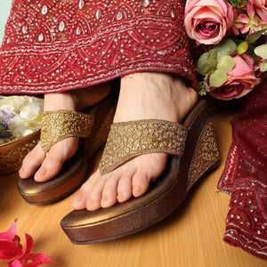 Embellished Bronze Wedge Heel Sandals