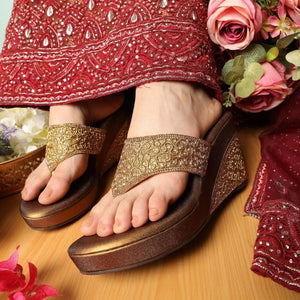 Embellished Bronze Wedge Heel Sandals
