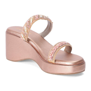 Rose-Gold Open-Toe Embellished Sandals With Wedge Heel