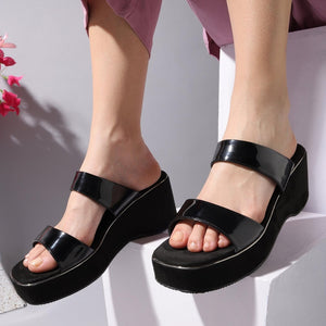 Shiny-Pop Black Open-Toe Wedge Heels