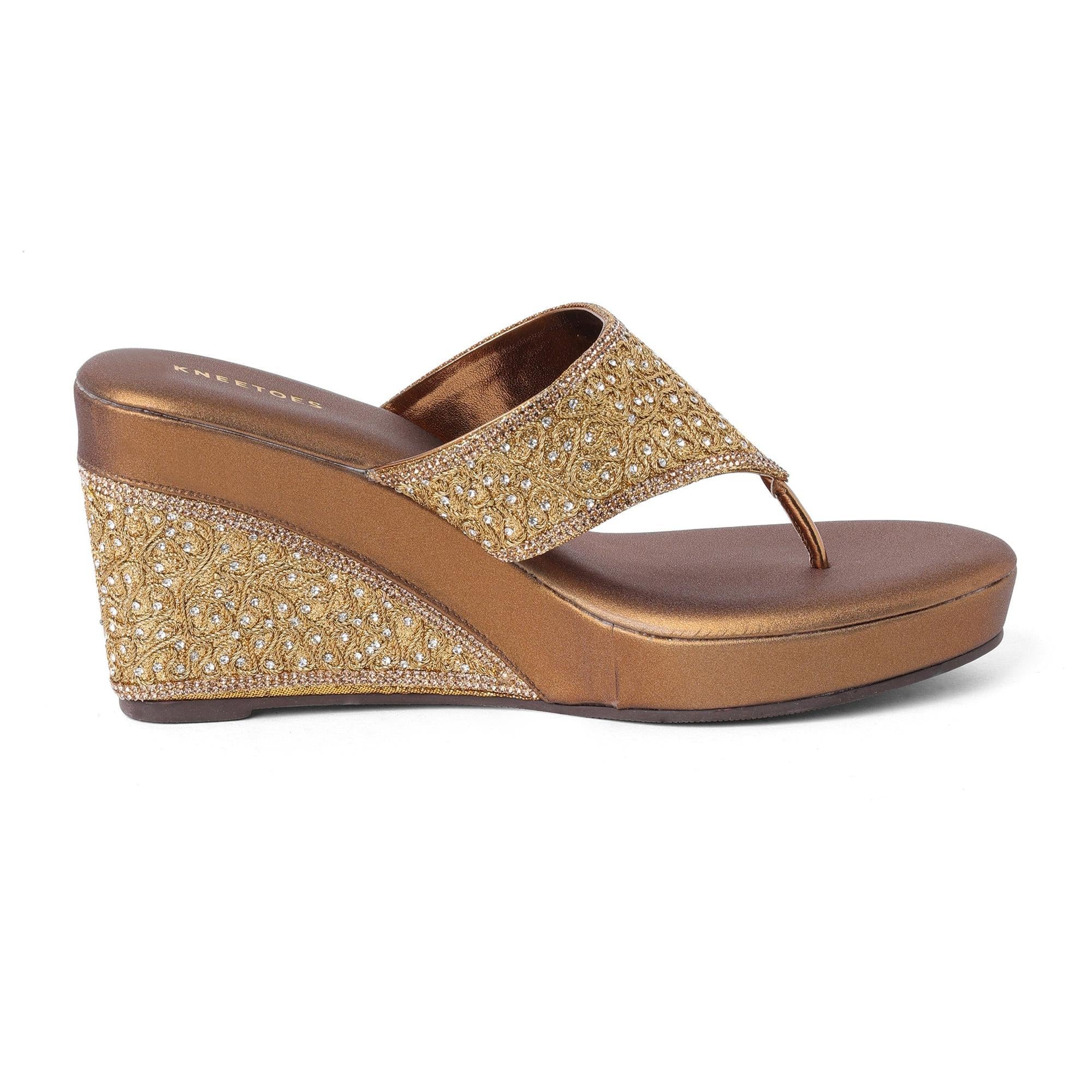 Embellished Bronze Wedge Heel Sandals