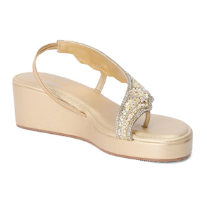 Embellished Gold Open-Toe Wedge Sandals
