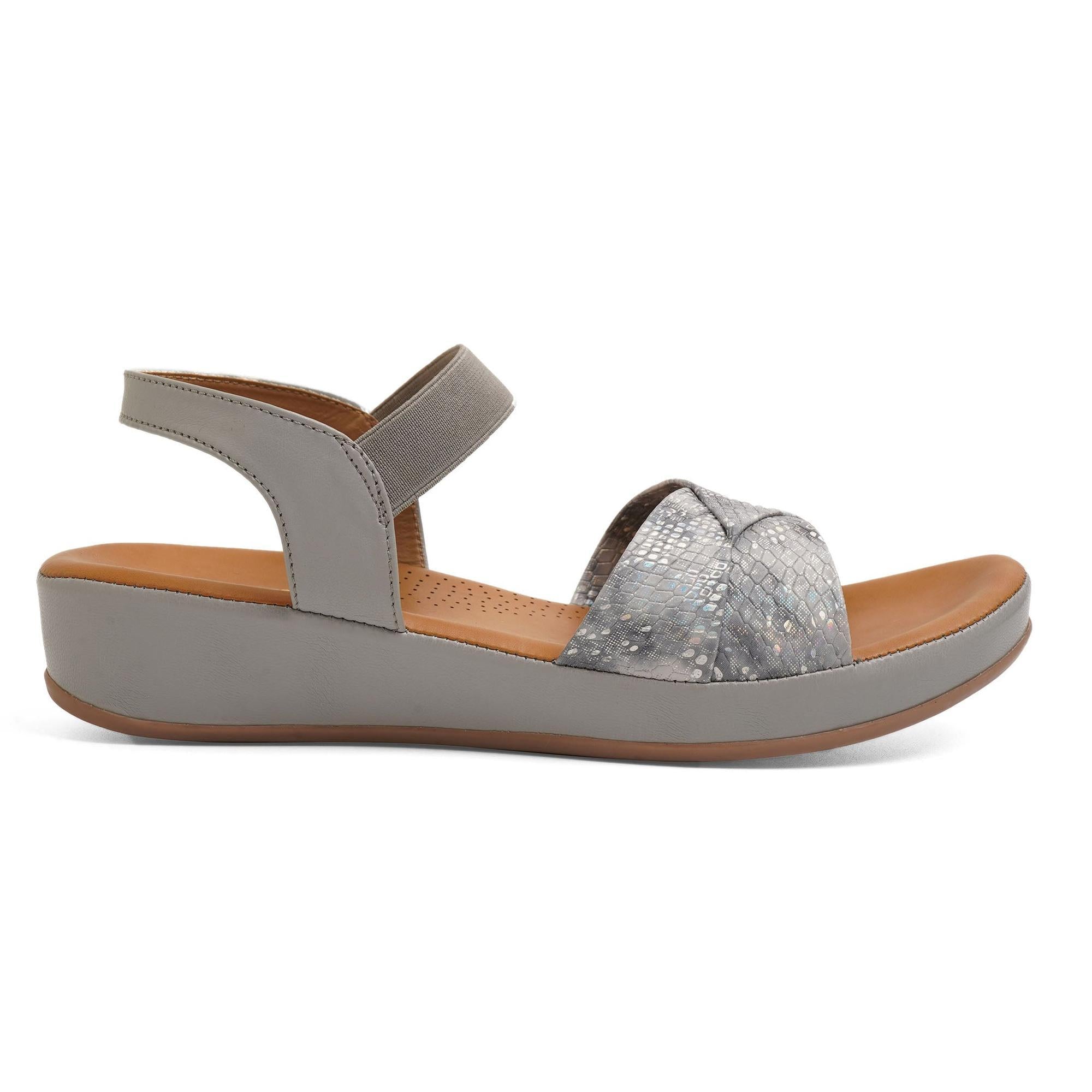 Grey Leather Reptile Print Comfort Sole Wedge Sandals