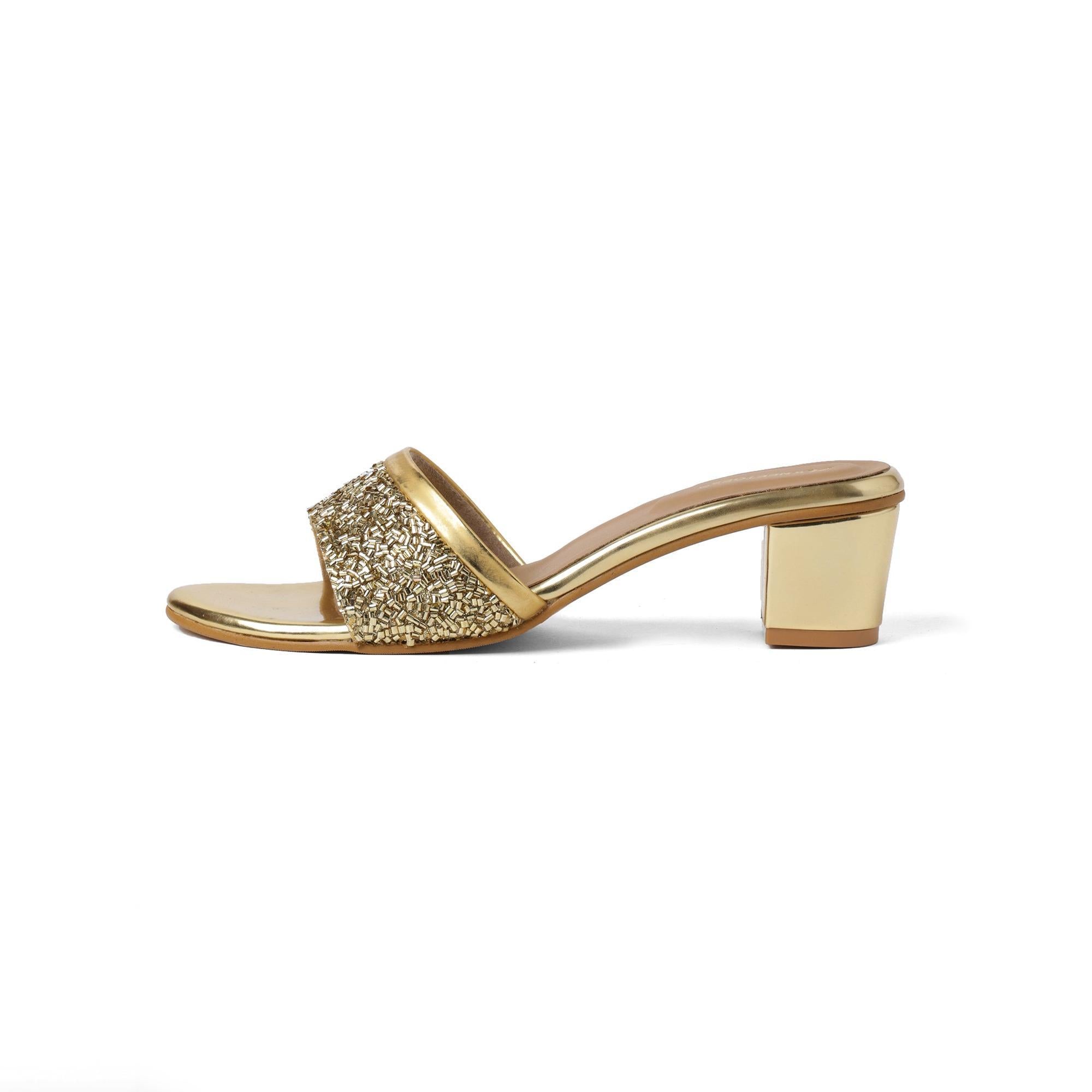 Shine Pop Gold Beaded Block Sandals