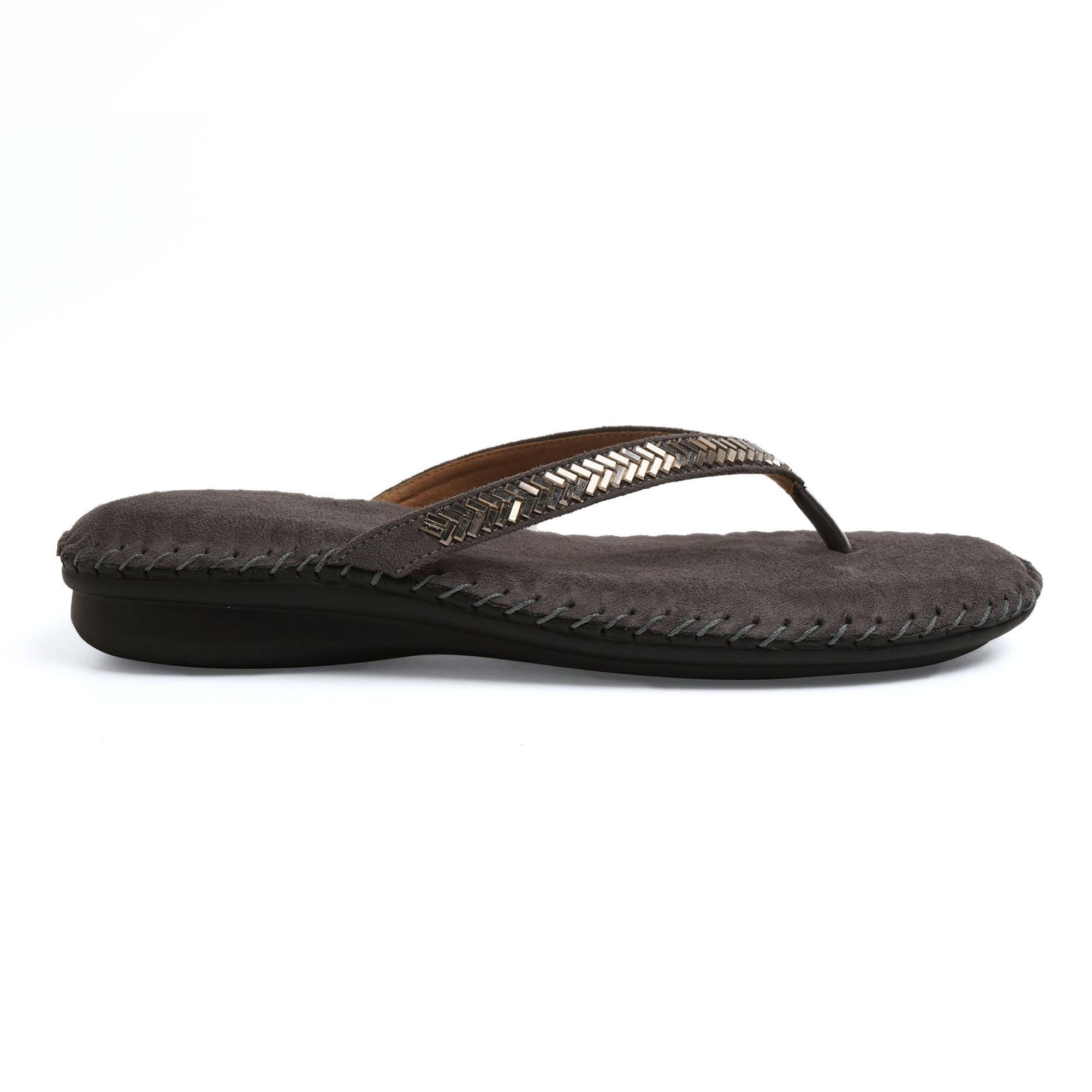 Charcoal-Grey Stone-Work Embellished Thong Sandals