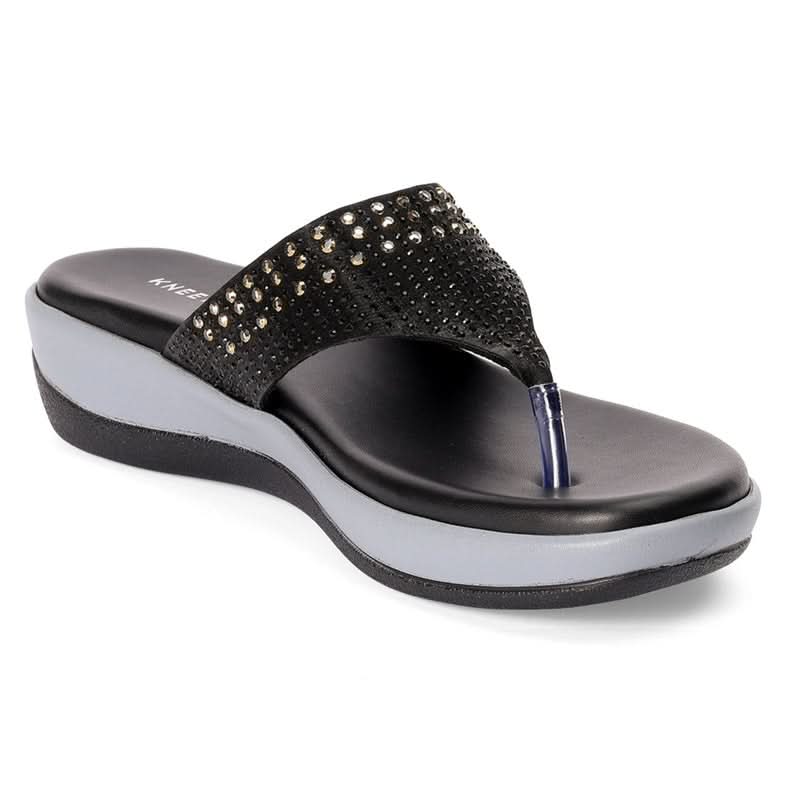 Embellished Black Wedge Heel Flip-Flops