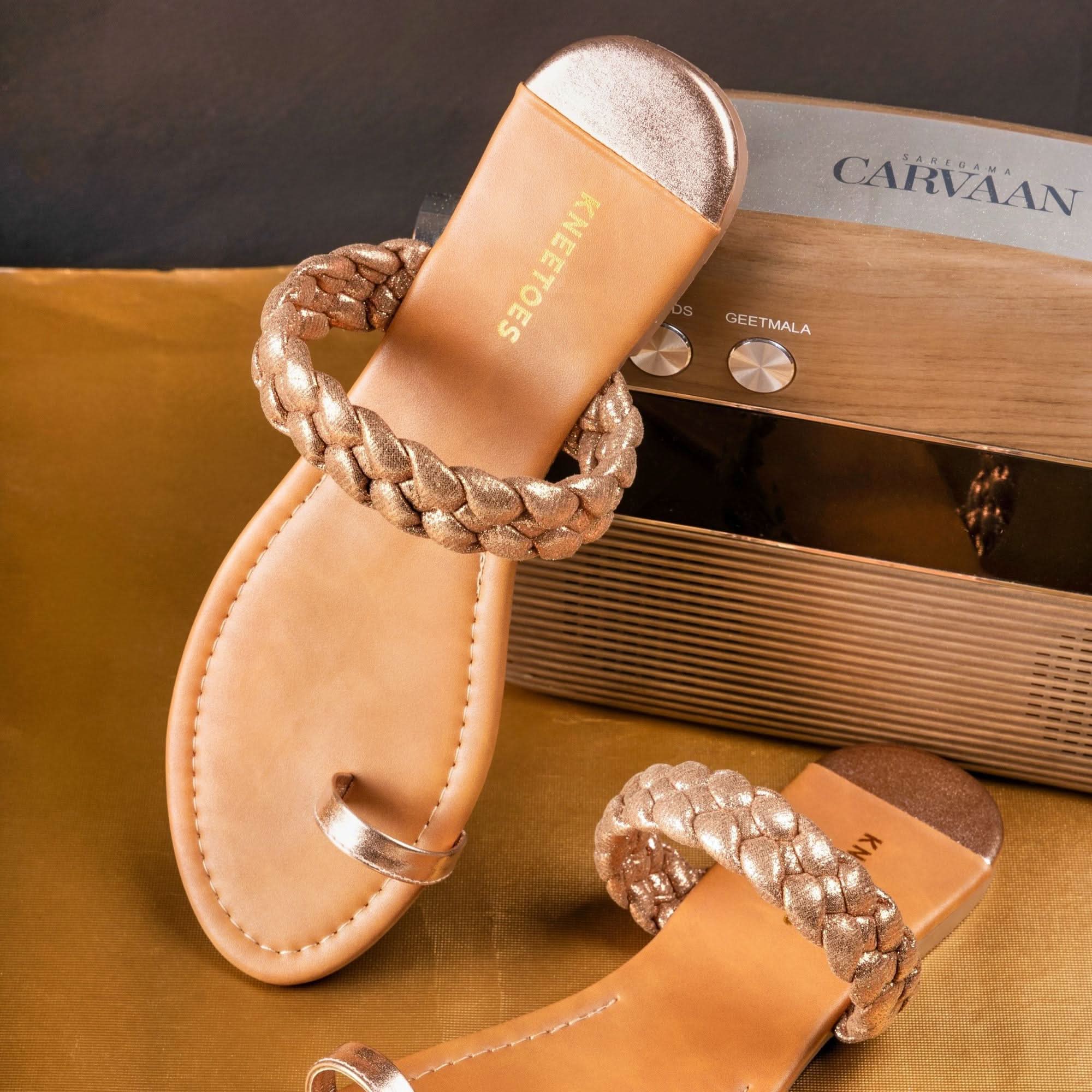 Gold-Shine Braided One-Toe Sandals