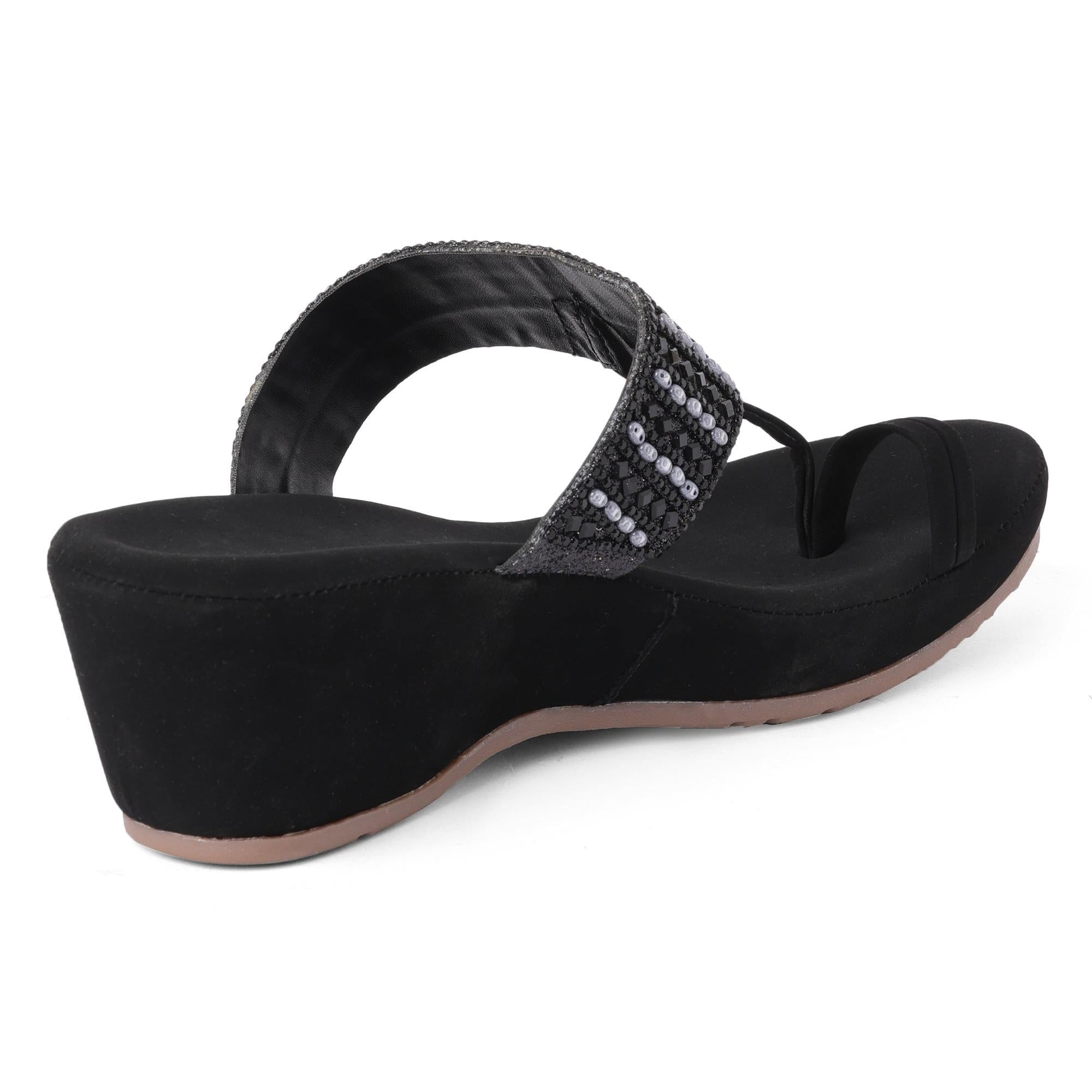 Black Beaded Stone-Work Wedge Sandals