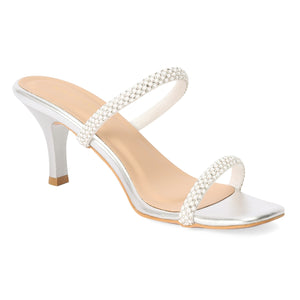 Silver Kitten Heel Square-Toe Sandals