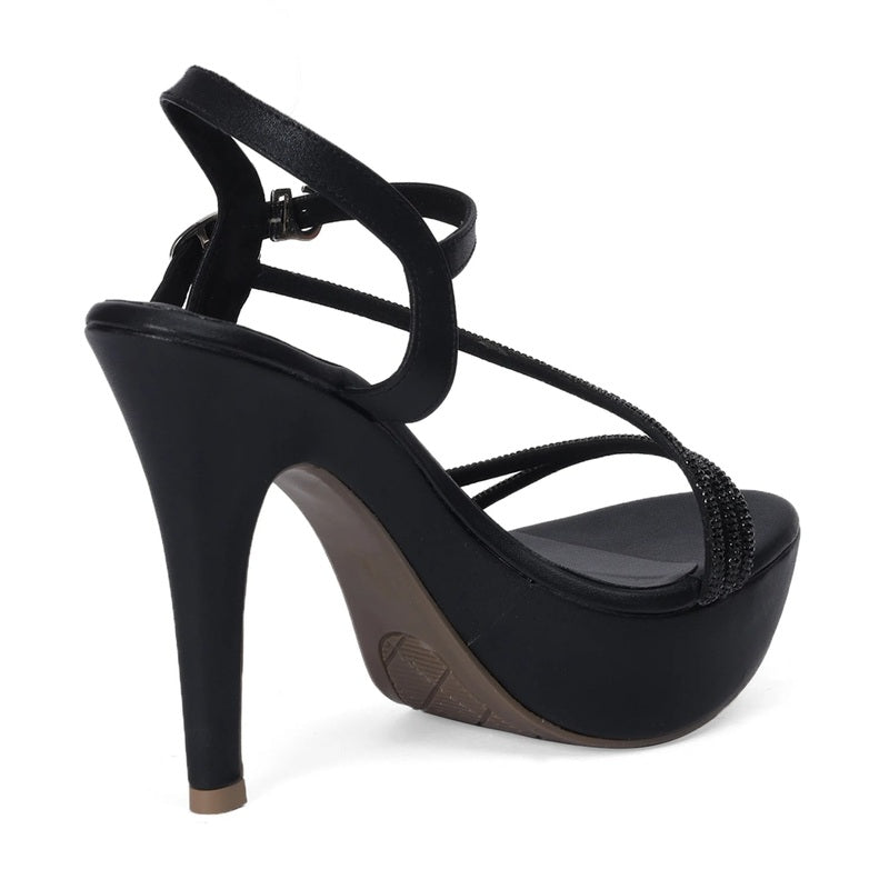 Midnight Black Shimmer Strappy Platform Stilettos