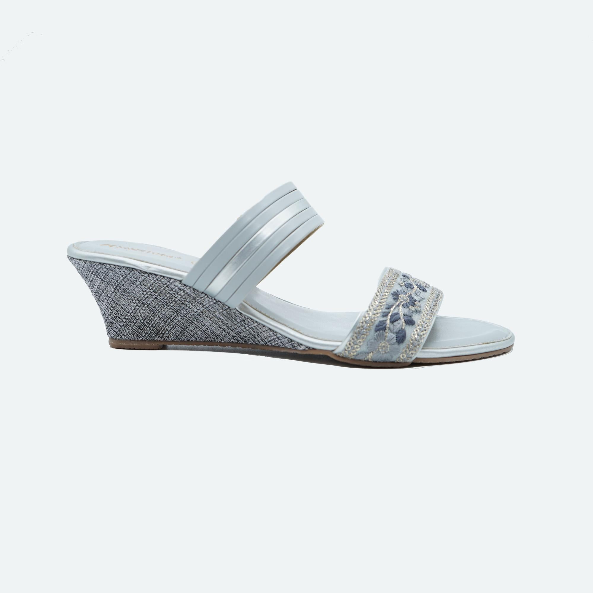 Soft Light-Grey Embroidered Wedge Sandals