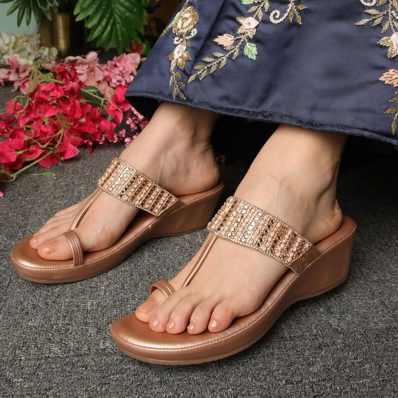 Pearls Chic Rose Gold Wedge Sandals