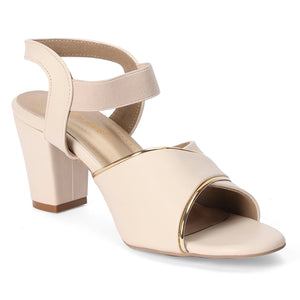 Champagne Nude Beige Metallic Trim Block Heel Sandals