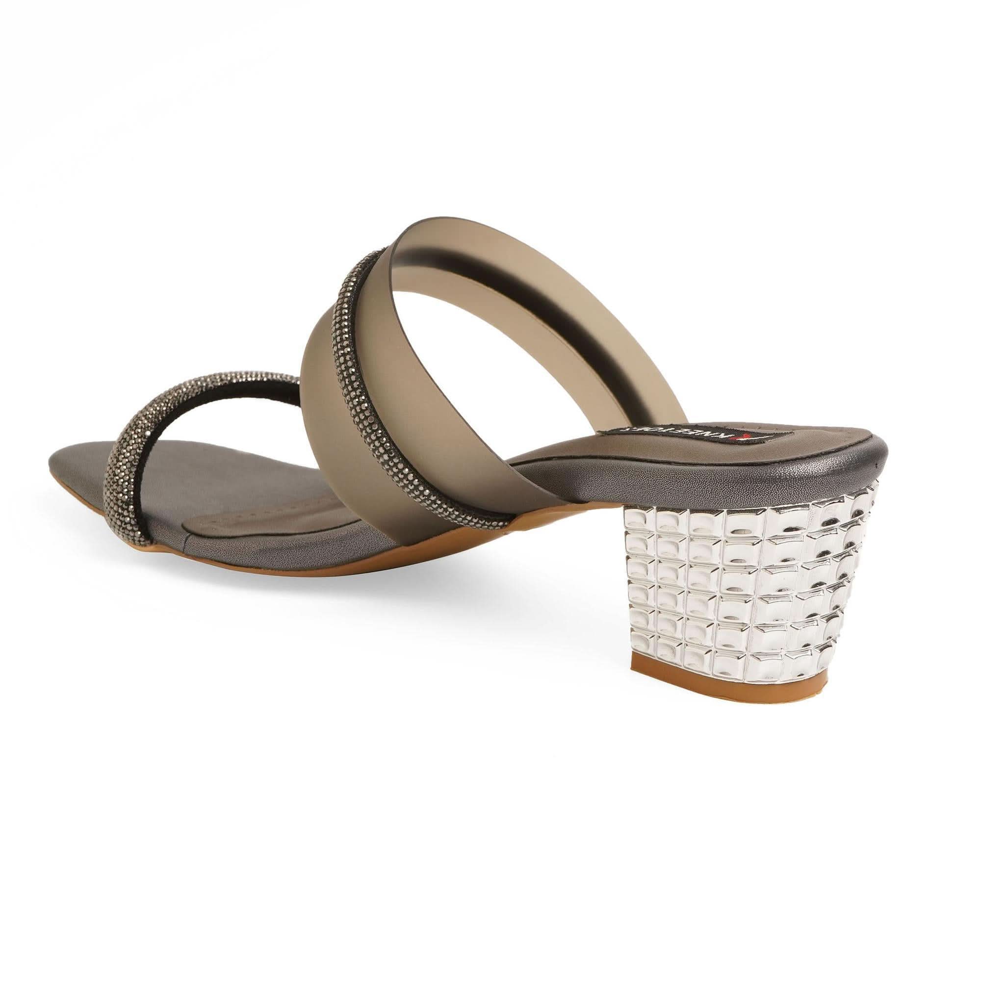 Embellished Charcoal-Grey Block Heel Sandals