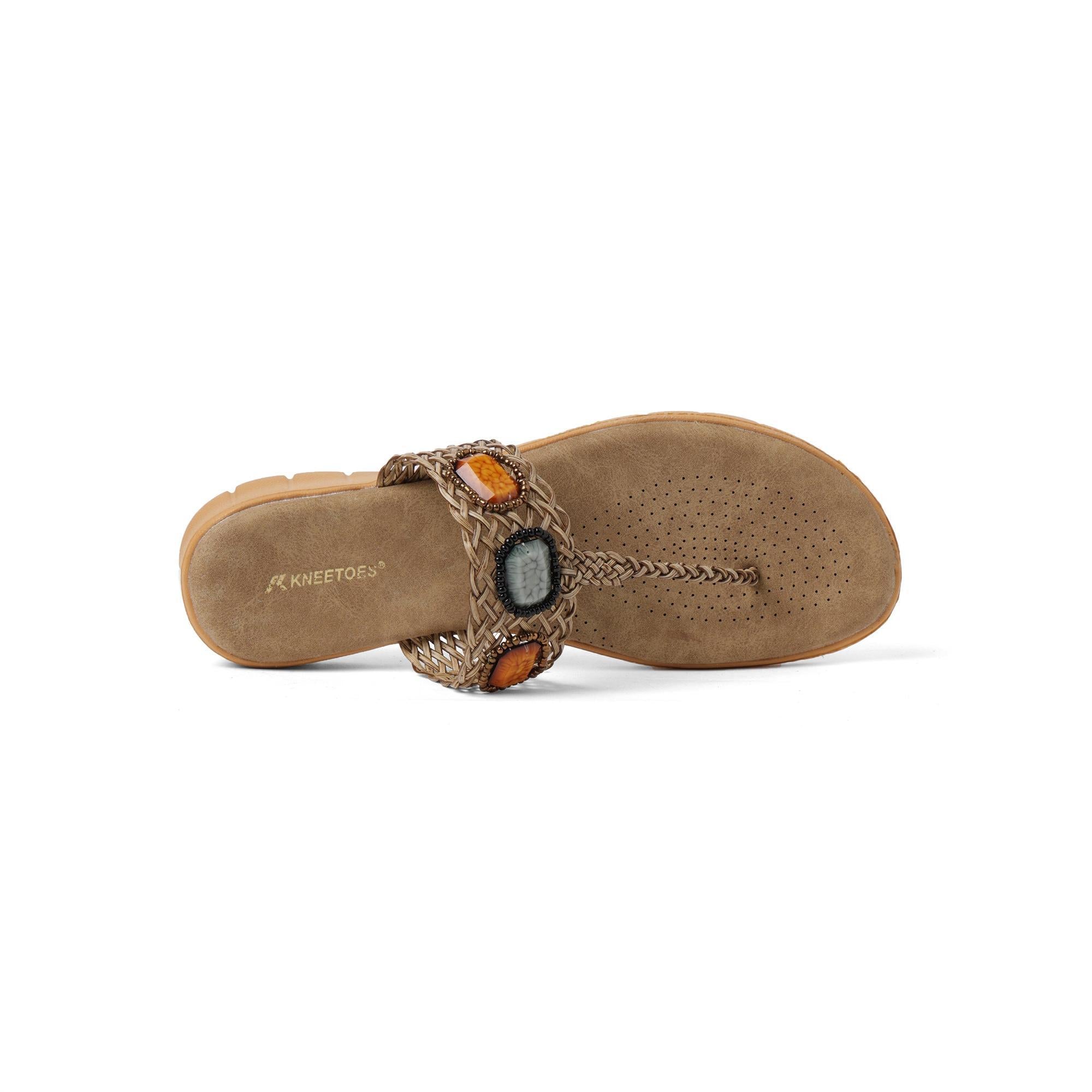 Bold Gem-Studded Beige T-Strap Sandals