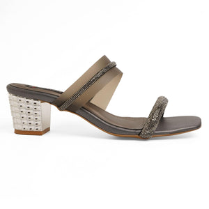 Embellished Charcoal-Grey Block Heel Sandals