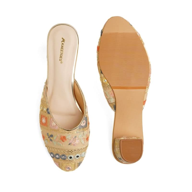 Luxe Beige Embroidered Block Sandals