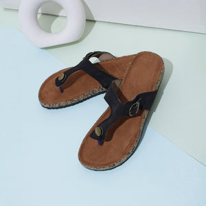 Jet Black Leather Buckled Thong Sandals