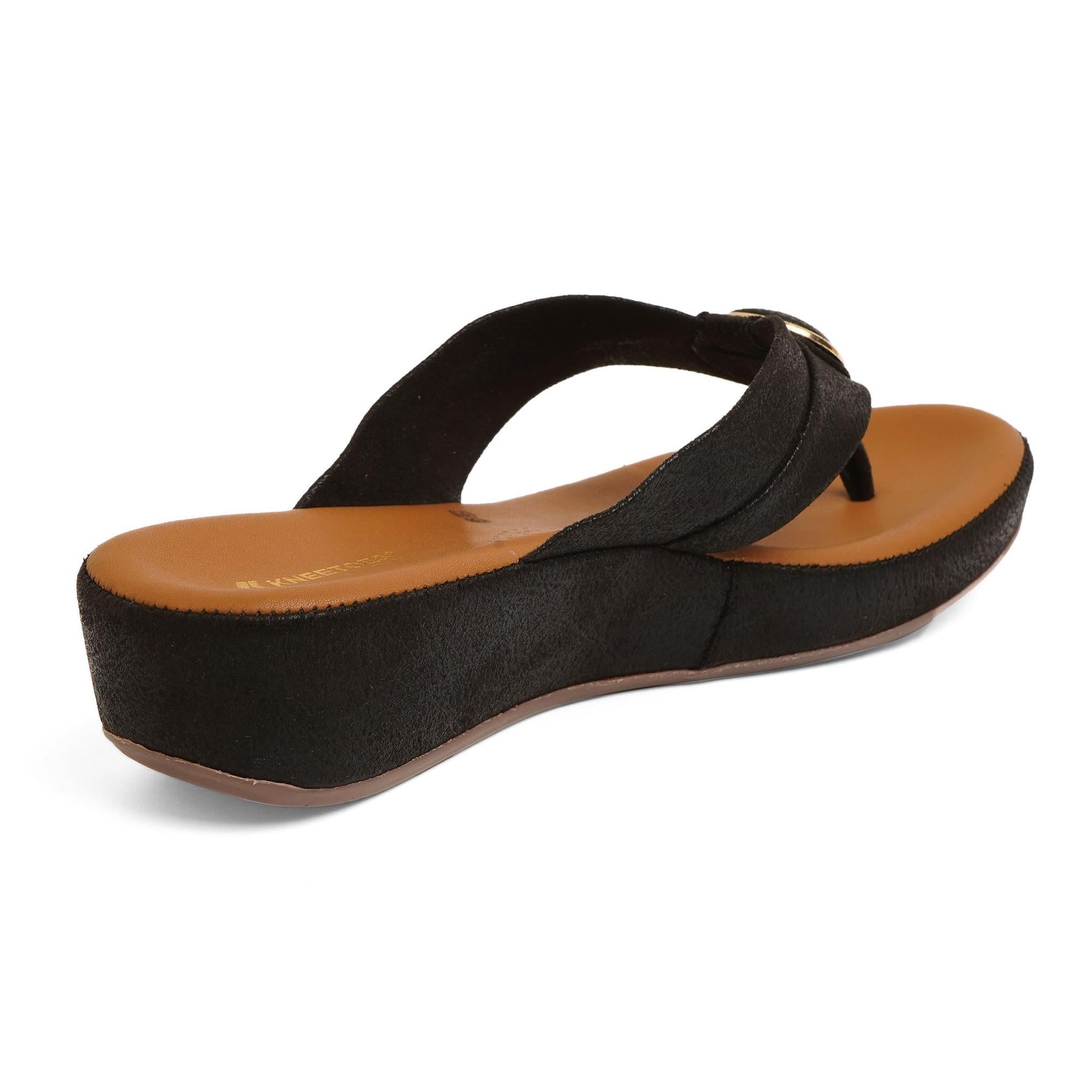 Black Solid Wedge Thong Sandals