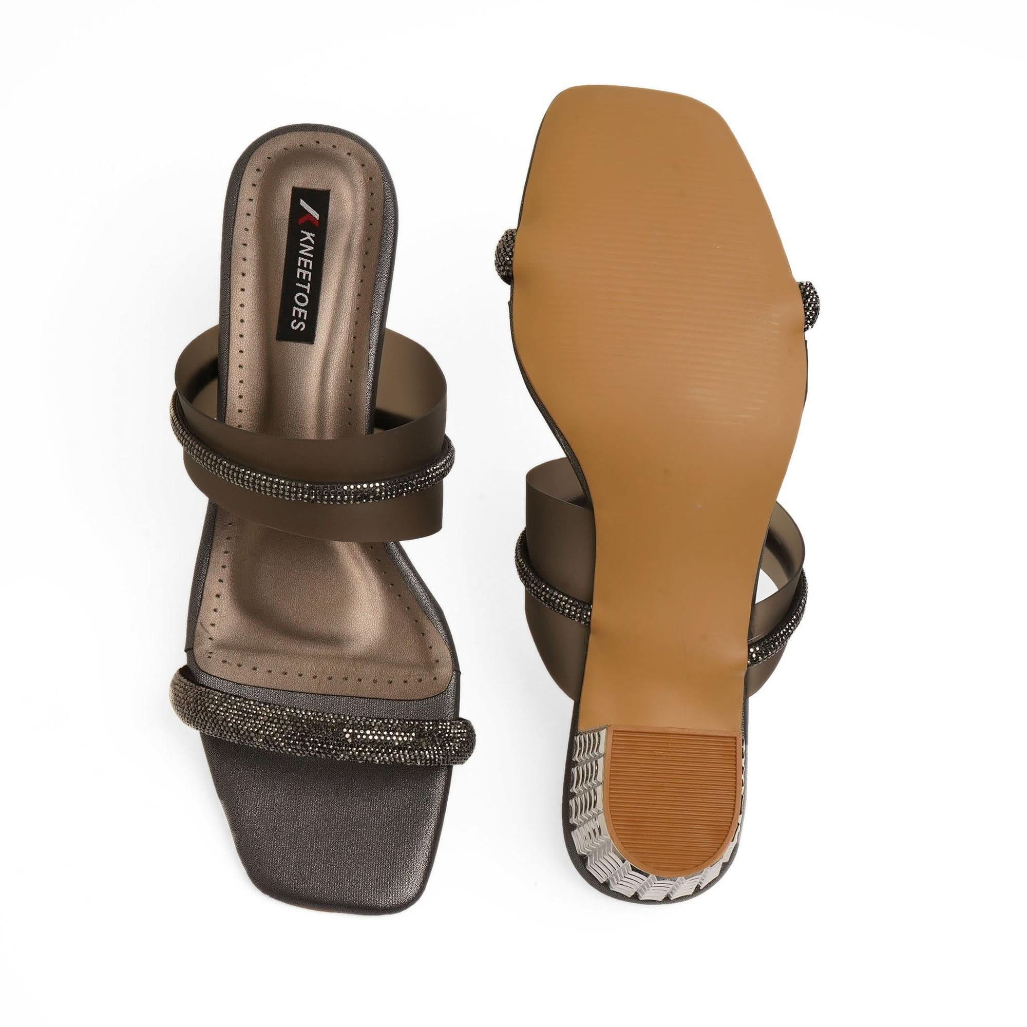 Embellished Charcoal-Grey Block Heel Sandals