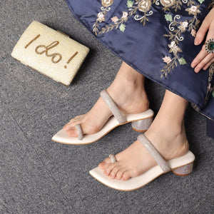 Twinkle Studs White Cylindrical Heel Sandals