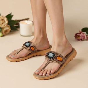 Bold Gem-Studded Beige T-Strap Sandals