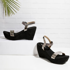 Black Metallic Wedge Open-Toe Sandals