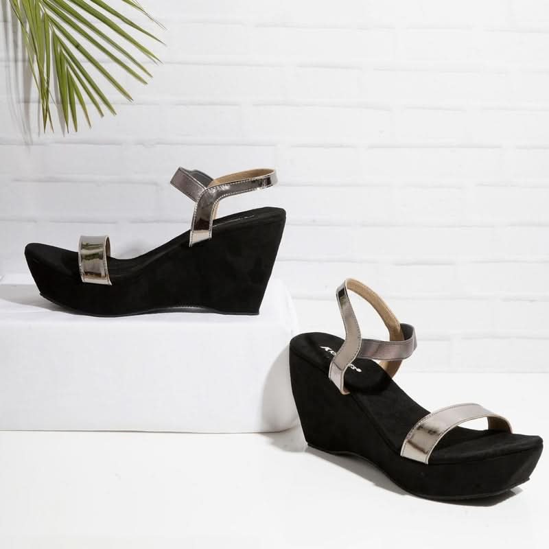 Black Metallic Wedge Open-Toe Sandals