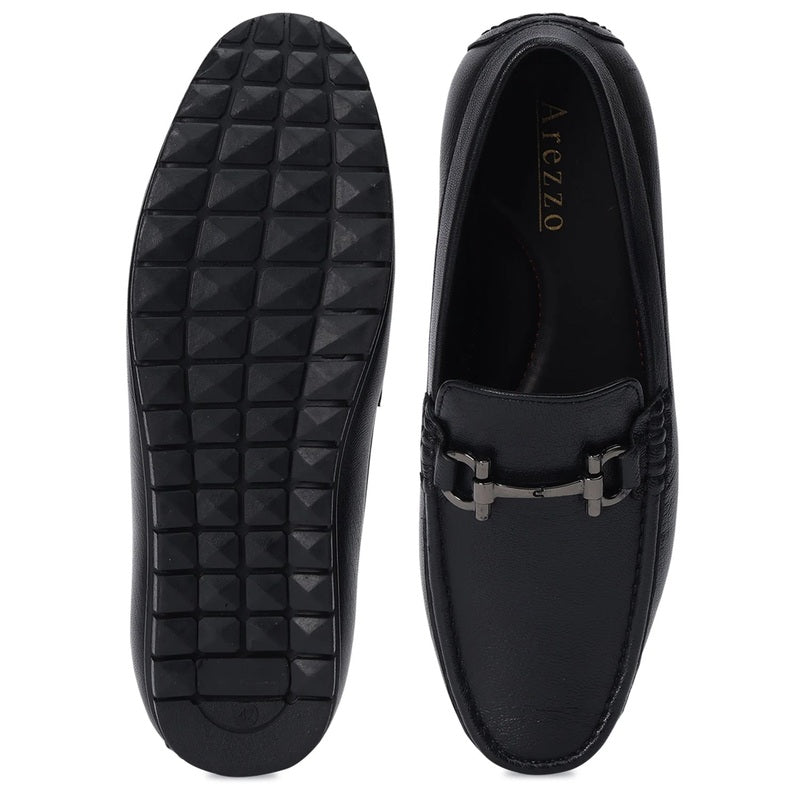 Black Leather Loafers with Buckle Accent