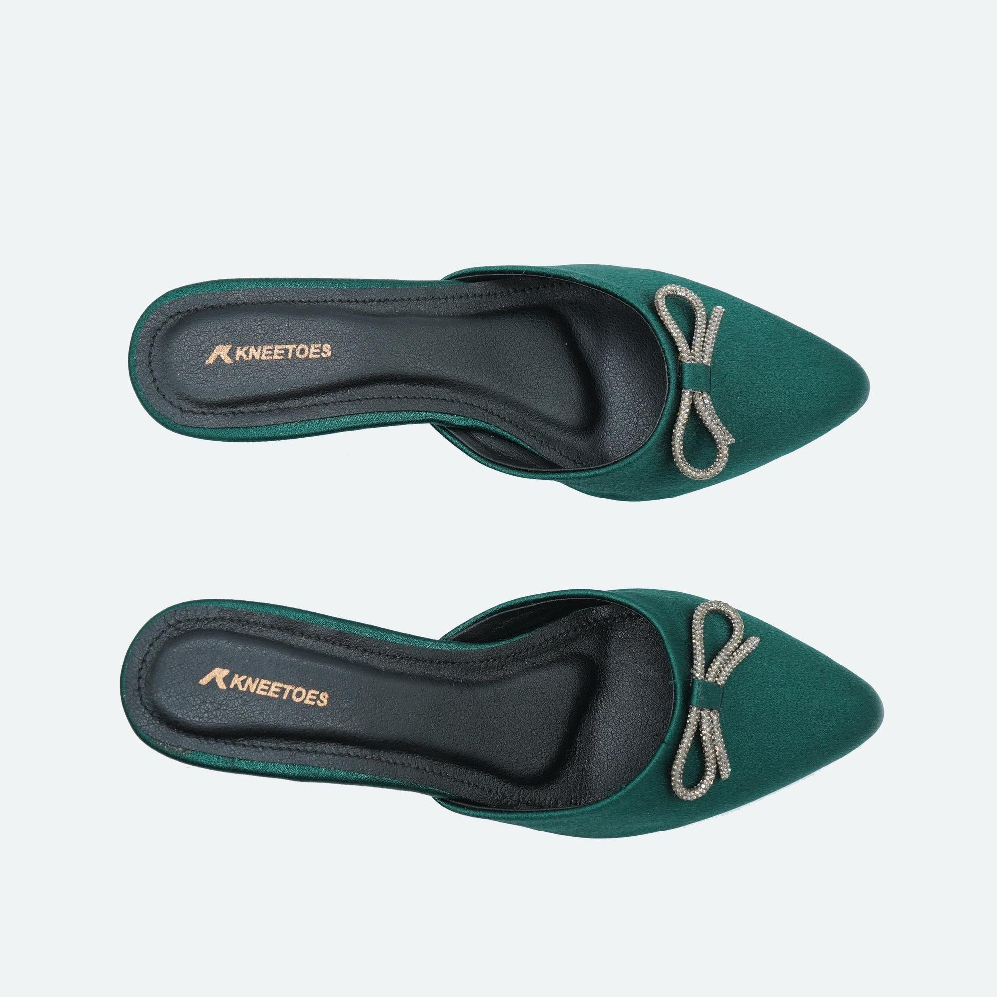 Dark-Green Solid Bow Kitten Mules