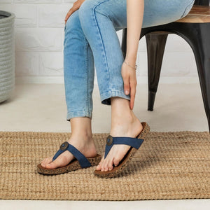 Blue Color-Block Leather Casual T-Strap Sandals