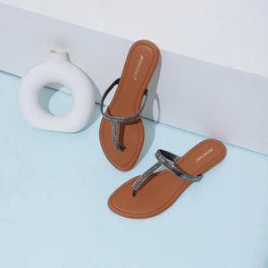 Sparkly Silver Embellished Casual T-Strap Sandals