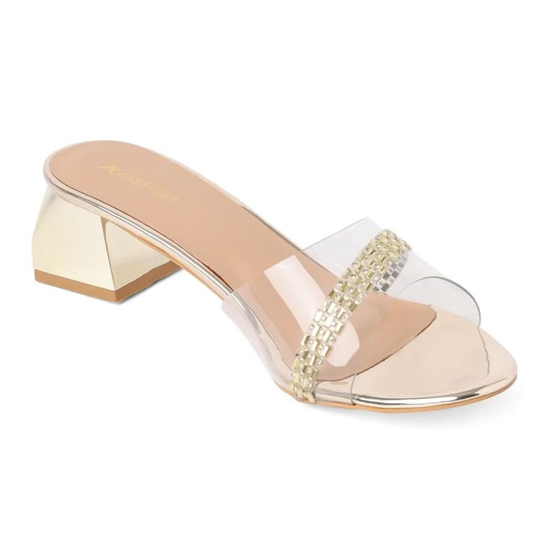 Gold Stone-Work Block Heel Sandals