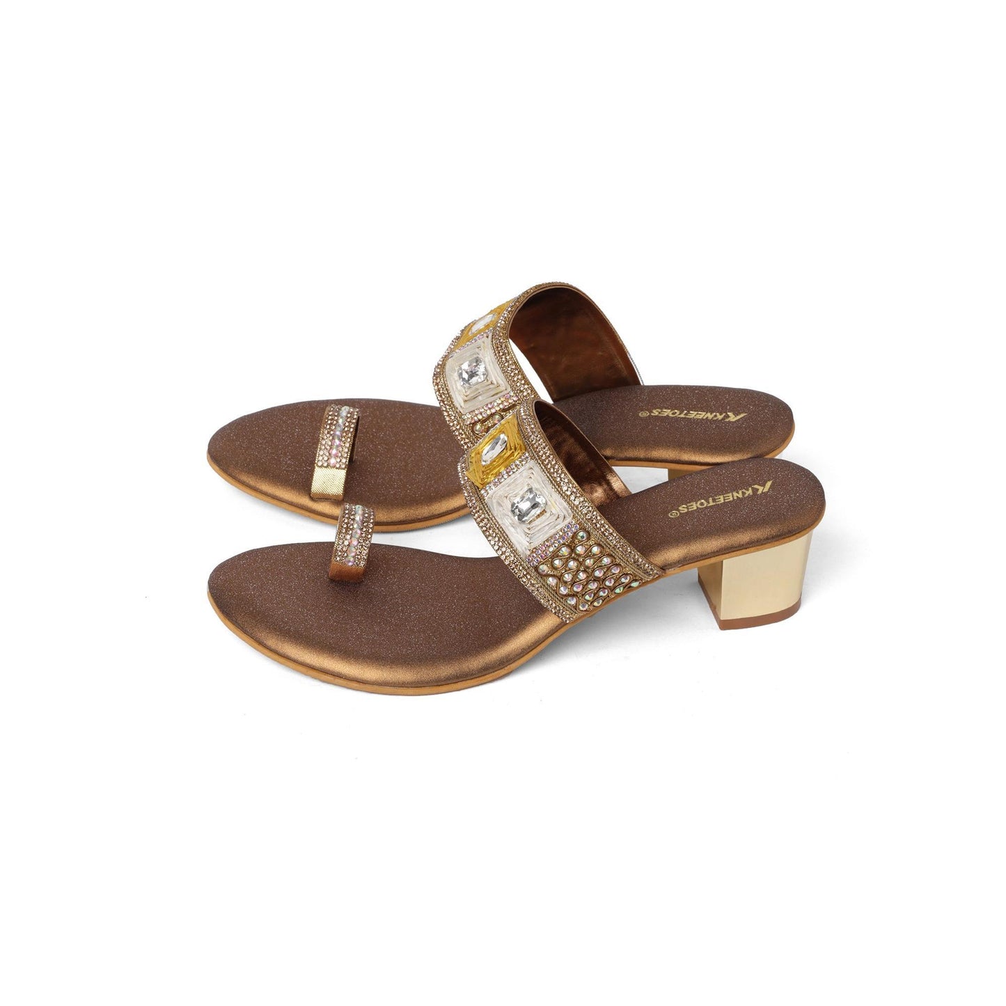 Glam Studded Bronze Block Heel Sandals