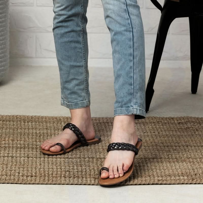Satin Black Braided One-Toe Sandals