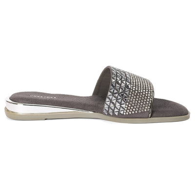 Embellished Grey Open-Toe Sliders