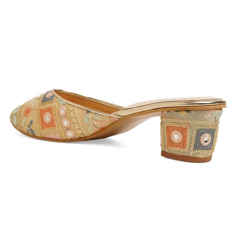 Luxe Beige Embroidered Block Sandals