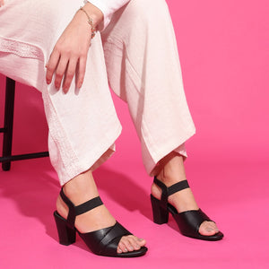 Black Block Heel Peep-Toe Sandals