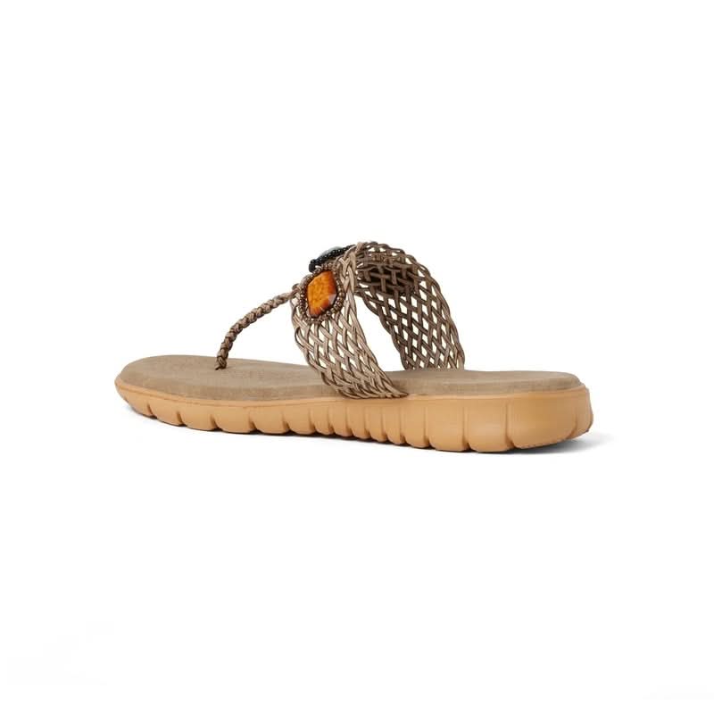 Bold Gem-Studded Beige T-Strap Sandals