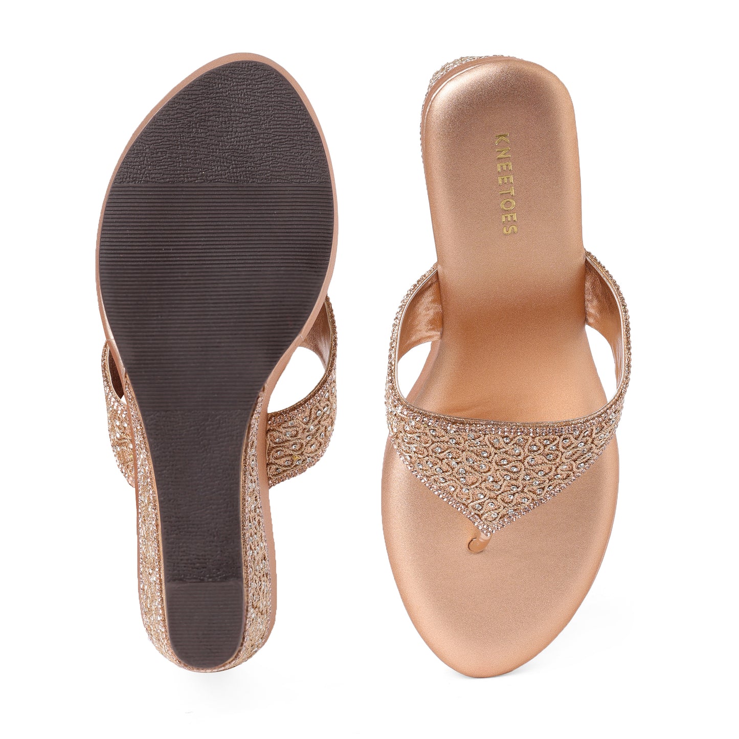 Exquisite Zari Rose Gold Platform Heel Slippers For Wedding Wear