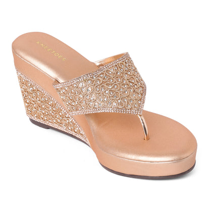 Exquisite Zari Rose Gold Platform Heel Slippers For Wedding Wear